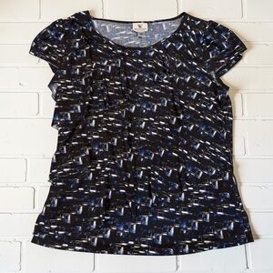 Worthington Ruffle Blouse Petite Medium Blue Black Abstract Career Top